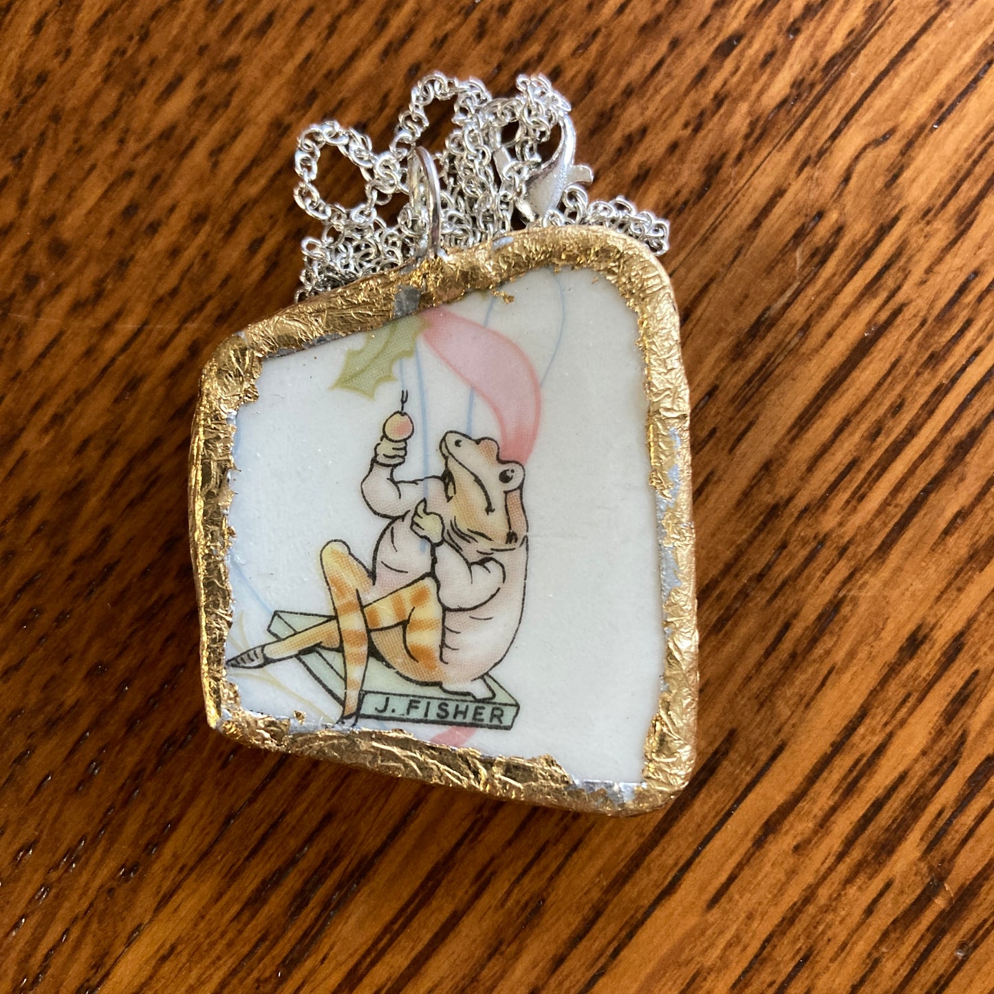 Broken Pottery Artisan Made Mr. Jeremy Fisher Pendant Wedgwood Peter Rabbit Collector Plate Handcrafted Necklace 1.25 in x 1.5 in
