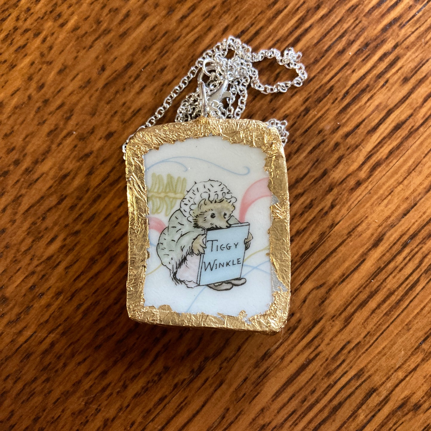Broken Pottery Artisan Made Tiggy Winkle Pendant Wedgwood Peter Rabbit Collector Plate Handcrafted Necklace 1 1/8 in x 1.5 in