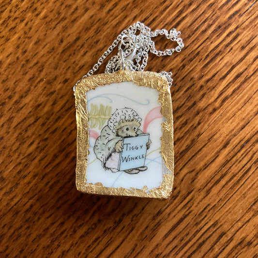 Broken Pottery Artisan Made Tiggy Winkle Pendant Wedgwood Peter Rabbit Collector Plate Handcrafted Necklace 1 1/8 in x 1.5 in