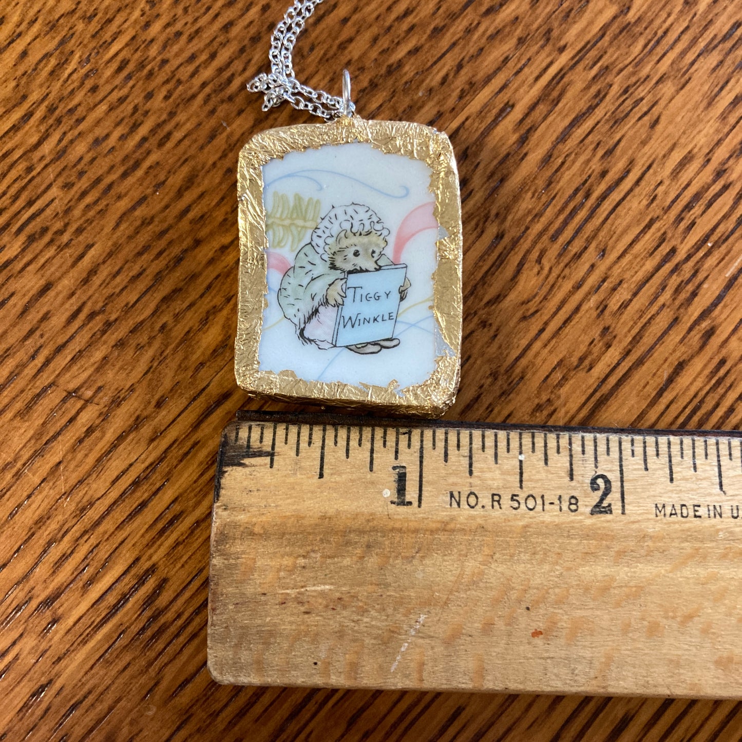 Broken Pottery Artisan Made Tiggy Winkle Pendant Wedgwood Peter Rabbit Collector Plate Handcrafted Necklace 1 1/8 in x 1.5 in