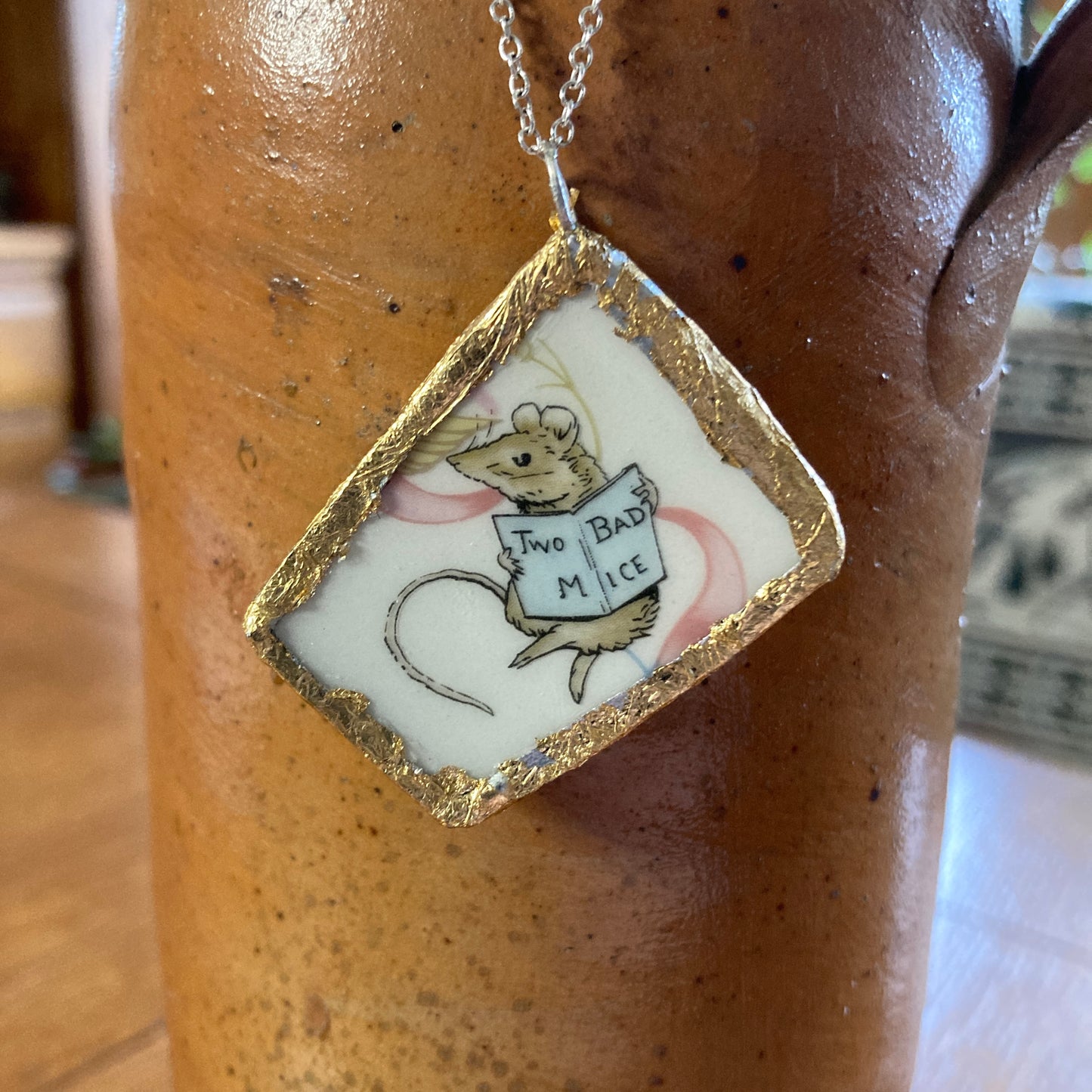 Broken Pottery Artisan Made Two Bad Mice Pendant Wedgwood Peter Rabbit Collector Plate Handcrafted Necklace 1.75 in x 1.5 in