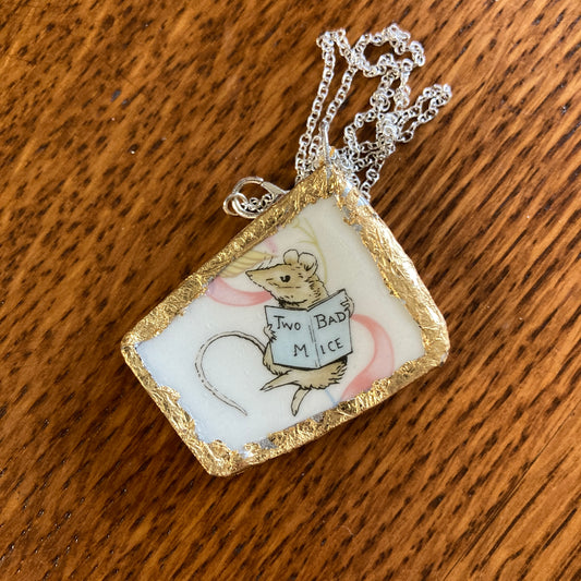 Broken Pottery Artisan Made Two Bad Mice Pendant Wedgwood Peter Rabbit Collector Plate Handcrafted Necklace 1.75 in x 1.5 in