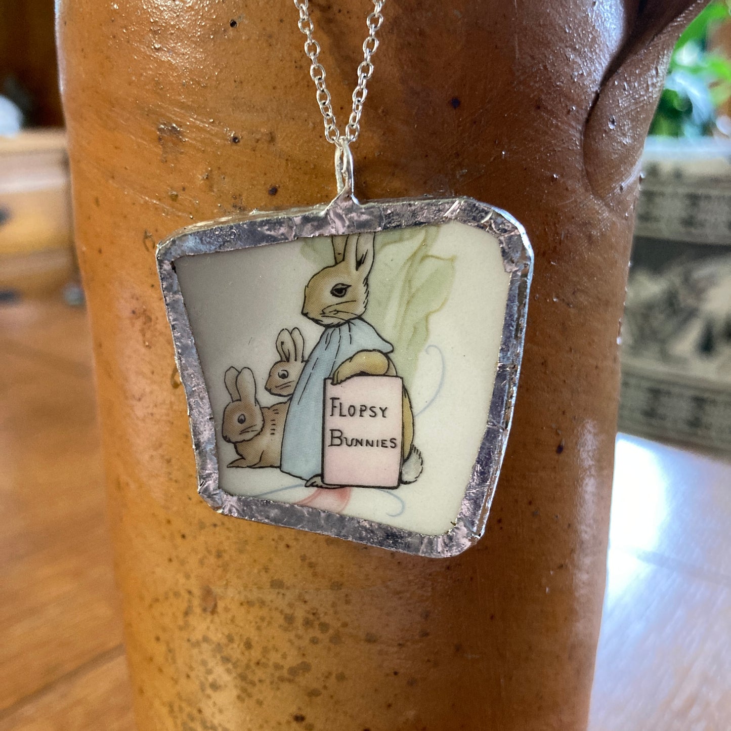 Broken Pottery Artisan Made Flopsy Bunnies Pendant Wedgwood Peter Rabbit Collector Plate Handcrafted Necklace 1.5 in x 1.5 in