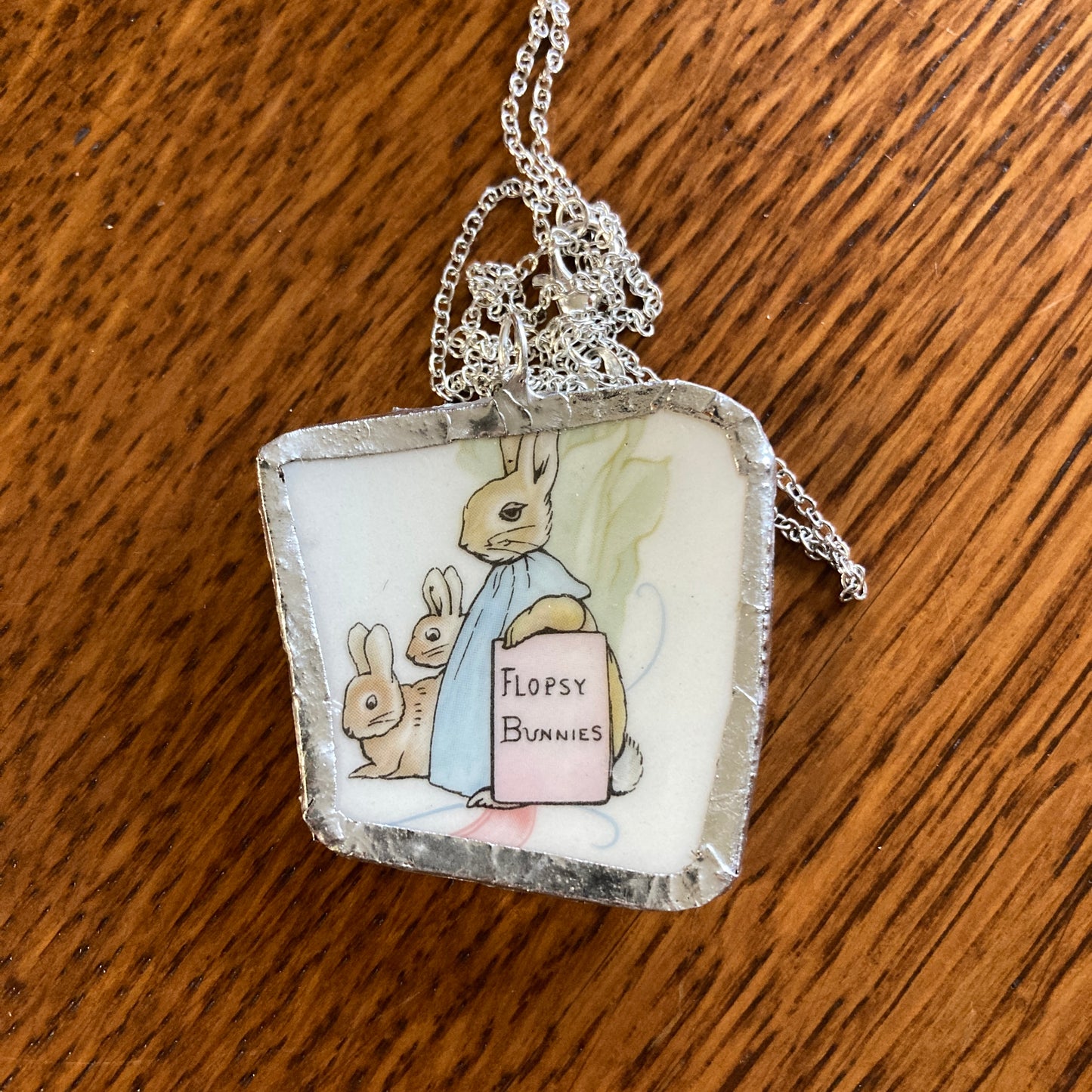 Broken Pottery Artisan Made Flopsy Bunnies Pendant Wedgwood Peter Rabbit Collector Plate Handcrafted Necklace 1.5 in x 1.5 in