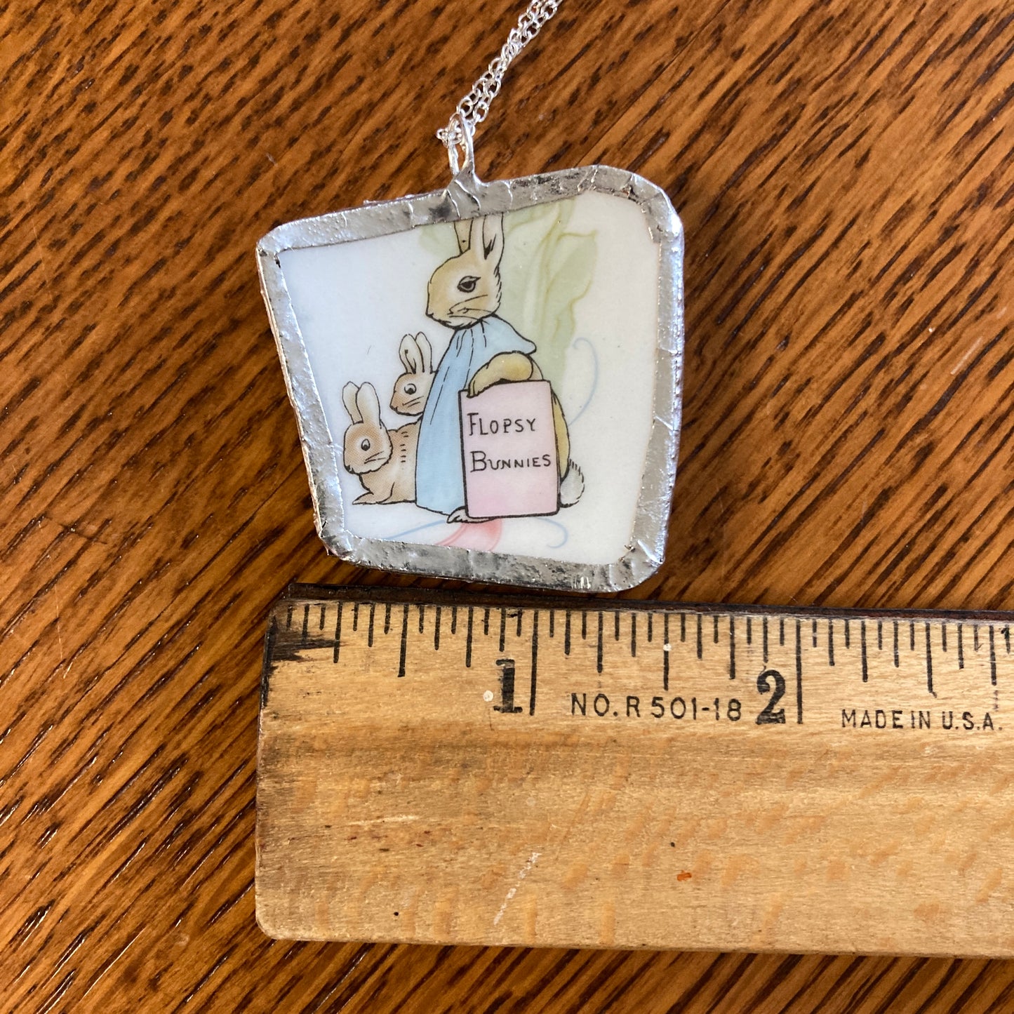 Broken Pottery Artisan Made Flopsy Bunnies Pendant Wedgwood Peter Rabbit Collector Plate Handcrafted Necklace 1.5 in x 1.5 in