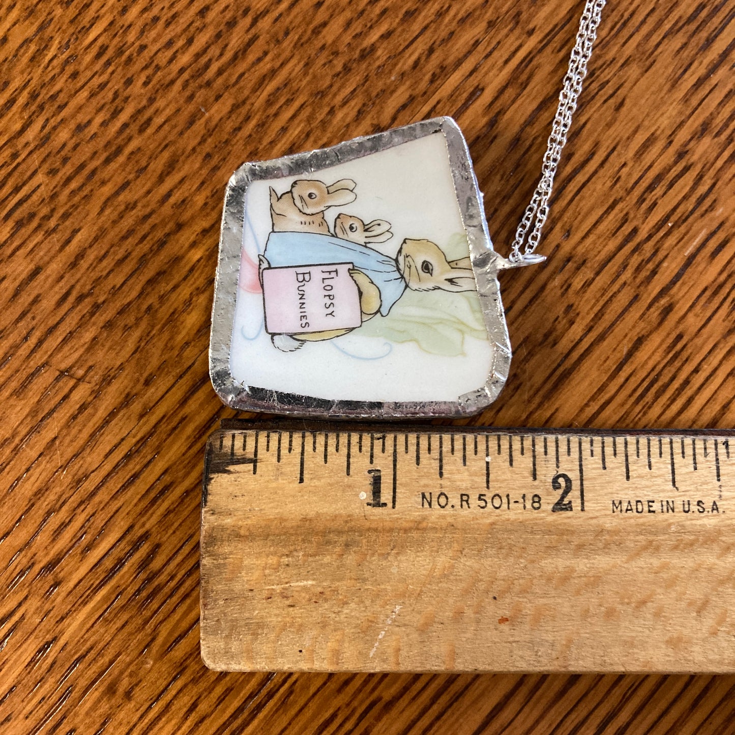 Broken Pottery Artisan Made Flopsy Bunnies Pendant Wedgwood Peter Rabbit Collector Plate Handcrafted Necklace 1.5 in x 1.5 in