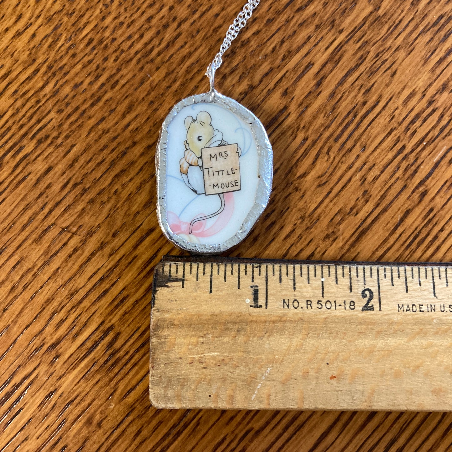 Broken Pottery Artisan Made Mrs Tittle Mouse Pendant Wedgwood Peter Rabbit Collector Plate Handcrafted Necklace 1 in x 1.5 in