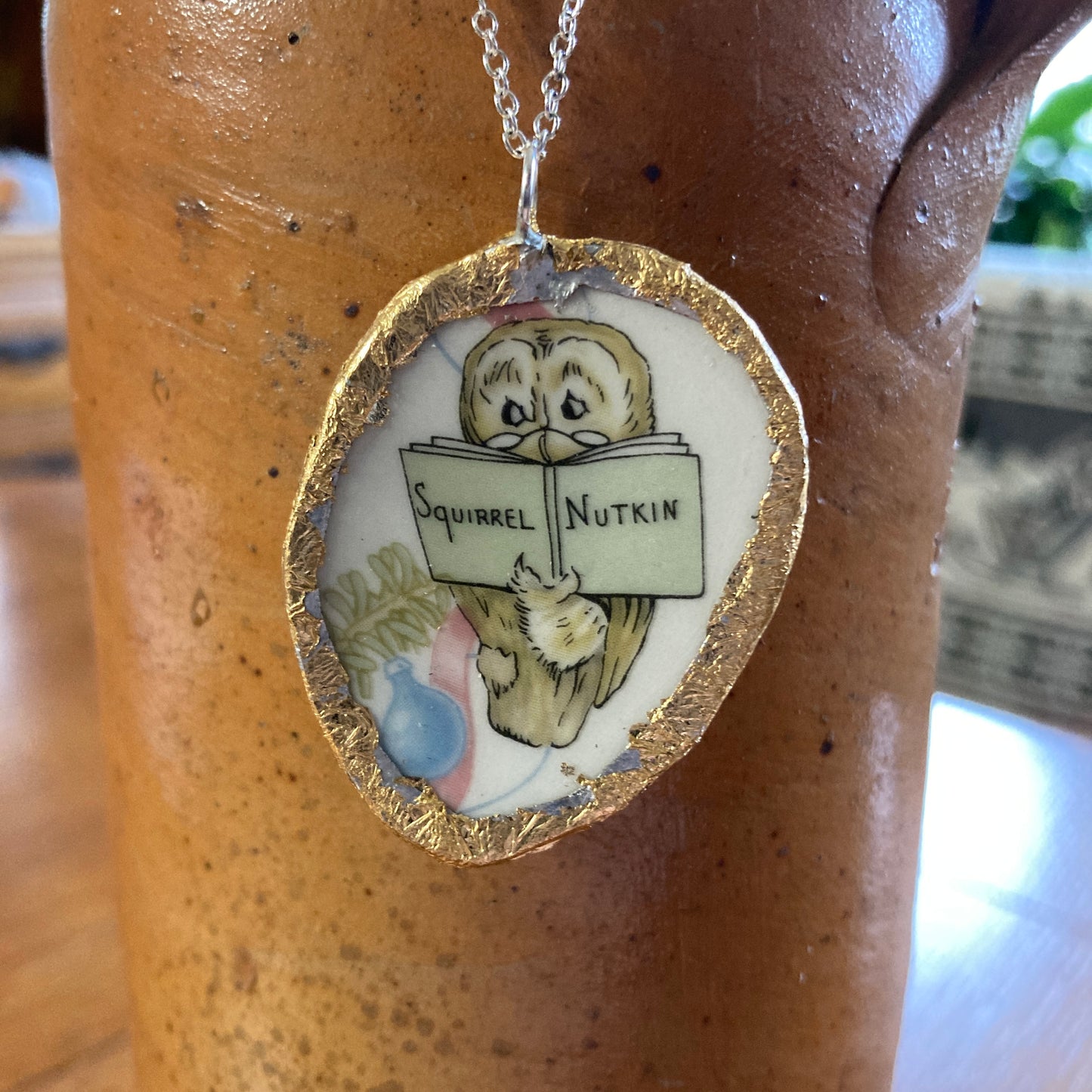 Broken Pottery Artisan Made Owl Pendant Wedgwood Peter Rabbit Collector Plate Handcrafted Necklace 1.25 in x 1.75 in