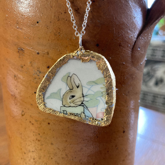 Broken Pottery Artisan Made Peter Rabbit Pendant Wedgwood Peter Rabbit Collector Plate Handcrafted Necklace 1.25 in x 1 1/8 in