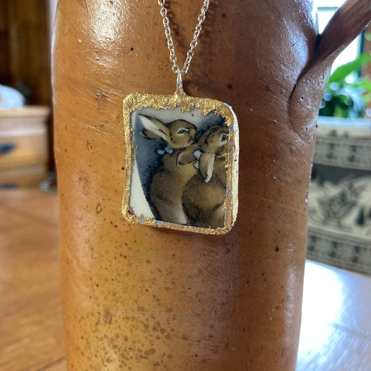 Broken Pottery Artisan Made Pendant Wedgwood Peter Rabbit Collector Plate Handcrafted Necklace 1 1/8 in x 1.25 in