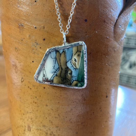 Broken Pottery Artisan Made Pendant Wedgwood Peter Rabbit Collector Plate Handcrafted Necklace 1 1/8 in x 7/8 in