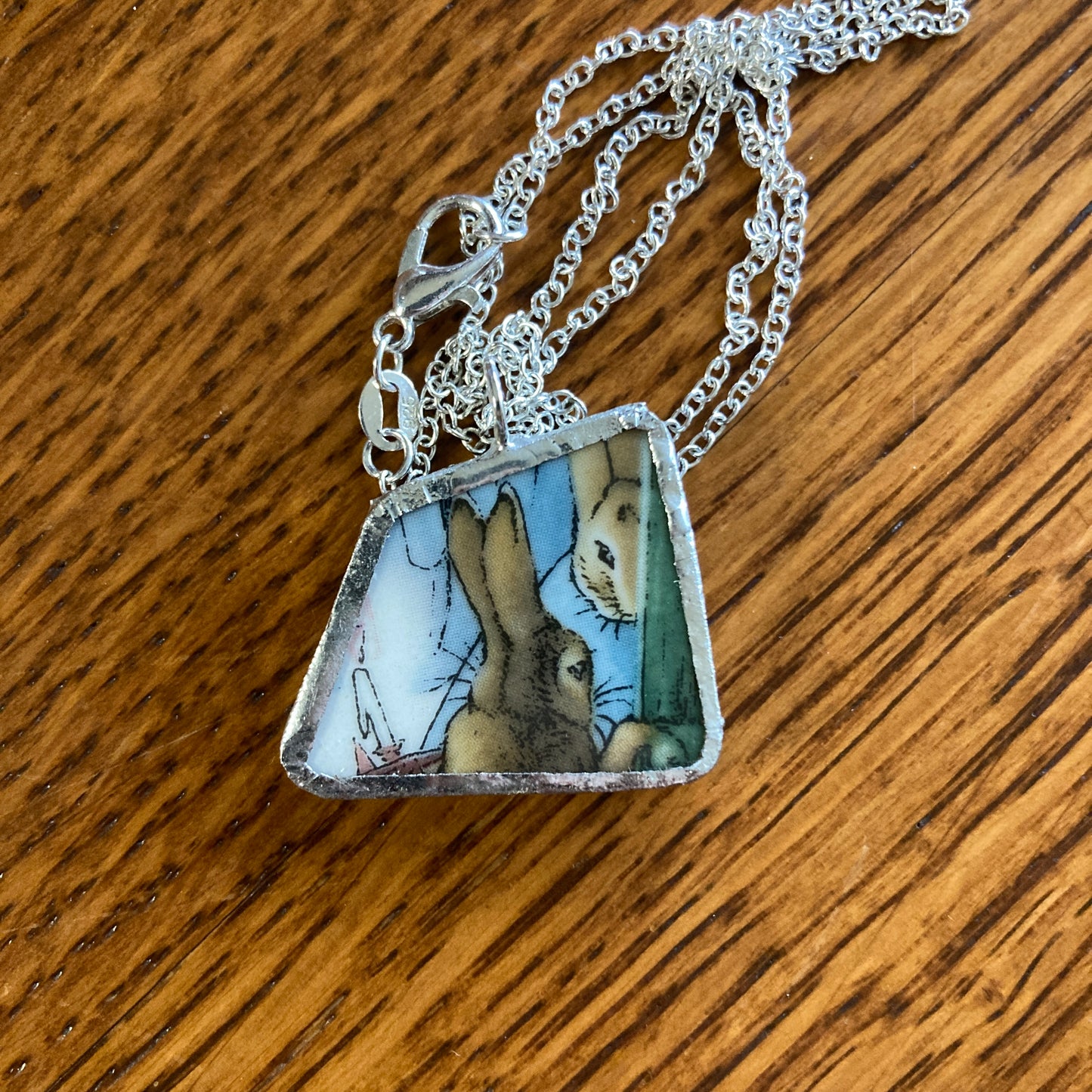 Broken Pottery Artisan Made Pendant Wedgwood Peter Rabbit Collector Plate Handcrafted Necklace 1 1/8 in x 7/8 in