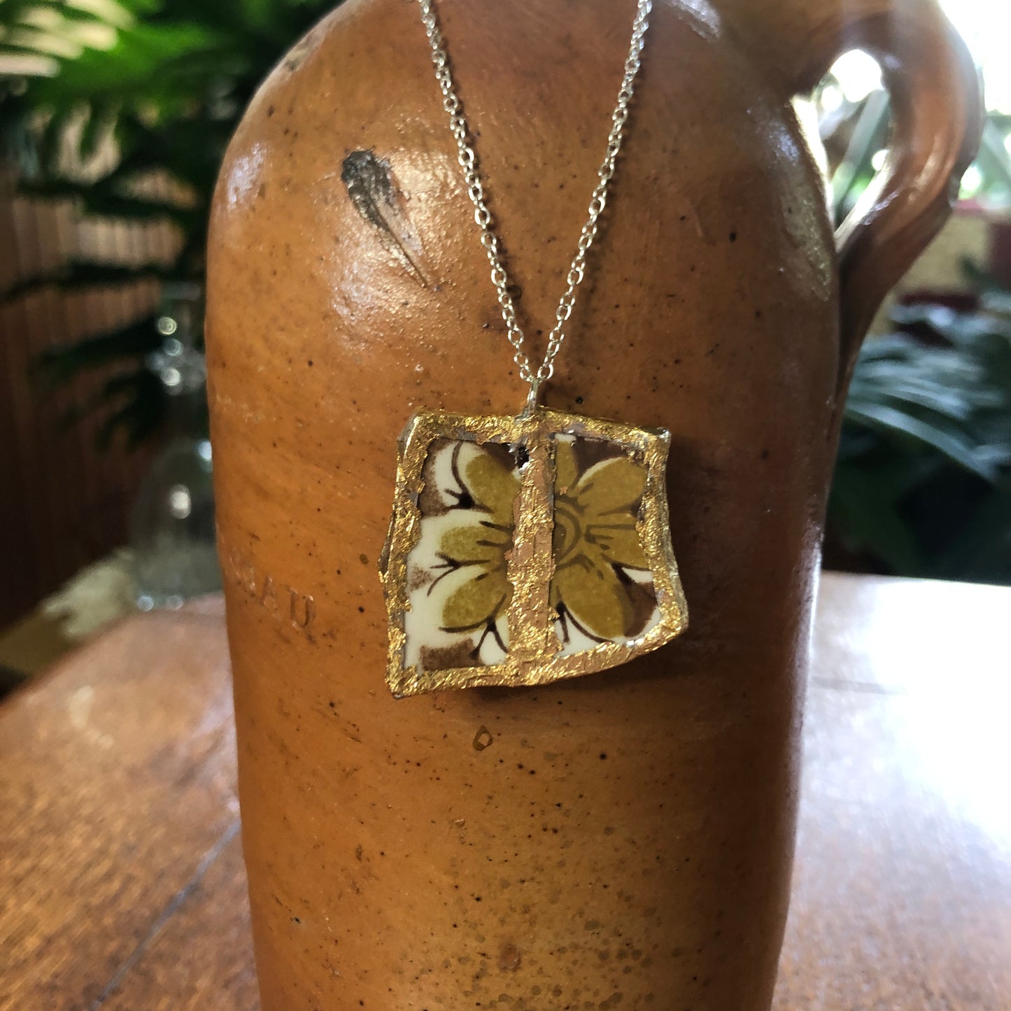 Broken Pottery Artisan Made Tiki Room Pendant Ceramic Guild Esperanto Plate Handcrafted Necklace 1 3/8in x 1.25in