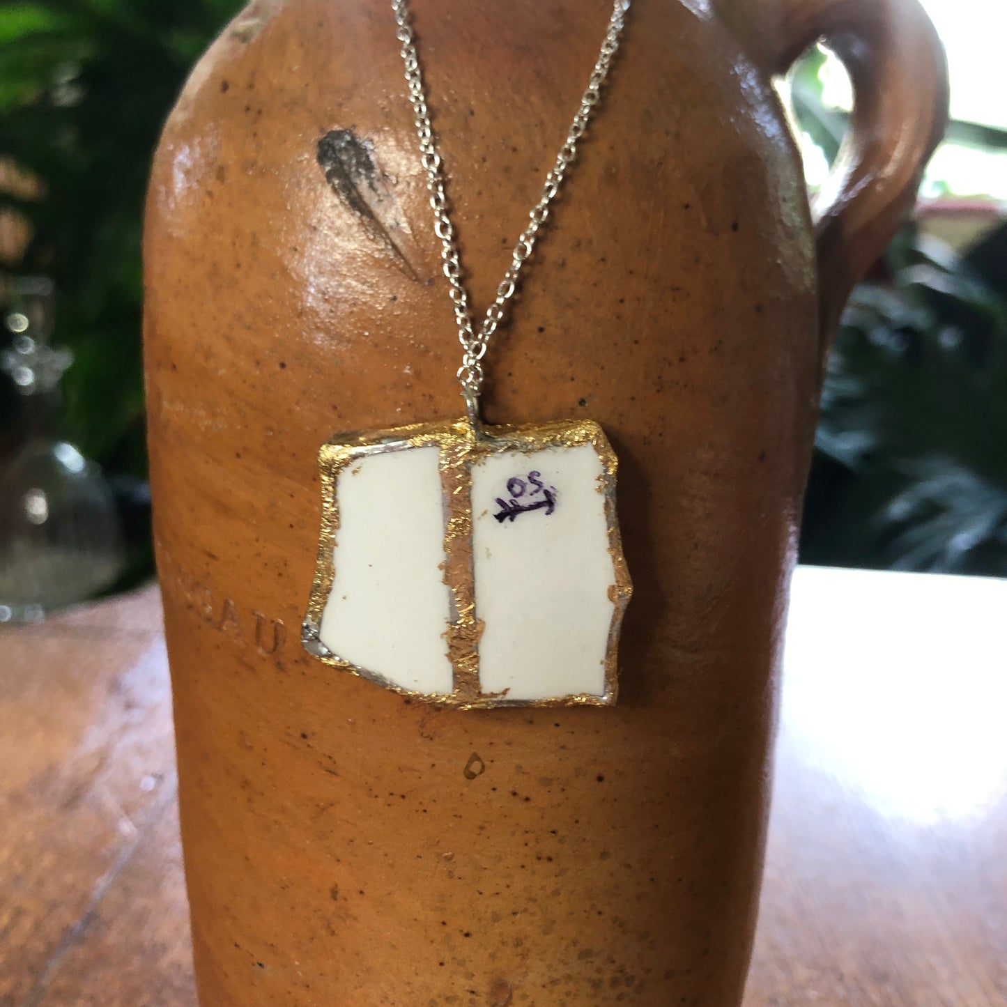 Broken Pottery Artisan Made Tiki Room Pendant Ceramic Guild Esperanto Plate Handcrafted Necklace 1 3/8in x 1.25in