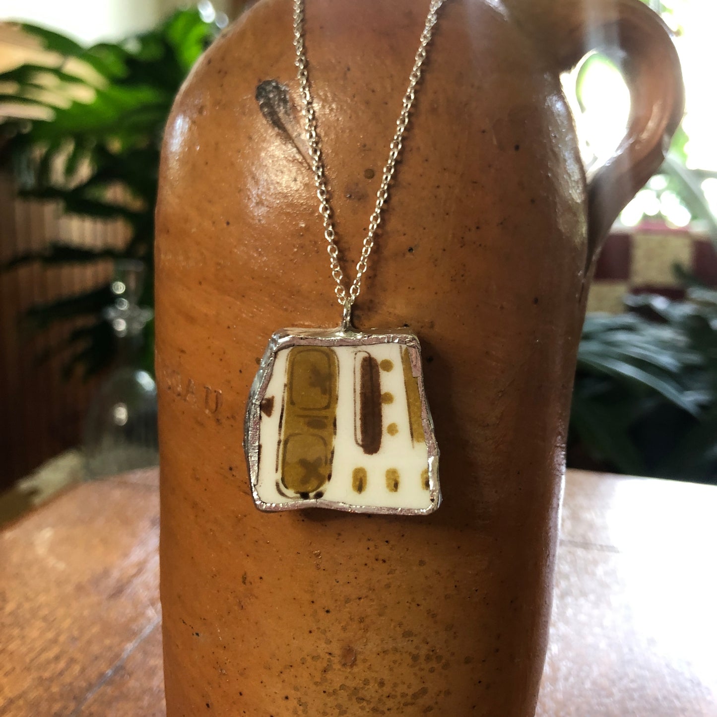Broken Pottery Artisan Made Tiki Room Pendant Ceramic Guild Esperanto Plate Handcrafted Necklace 1.25in x 1.25in