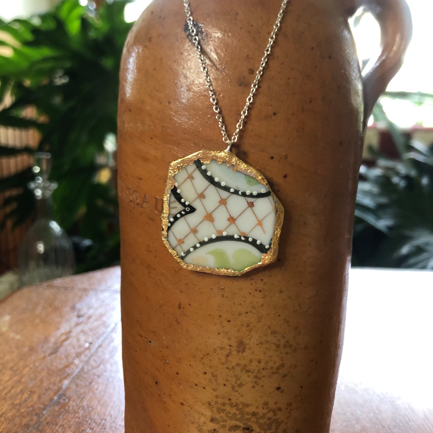 Broken Pottery Artisan Made Pendant Hand Painted Japan Unbranded Plate Handcrafted Necklace 1.5in x 1.5in