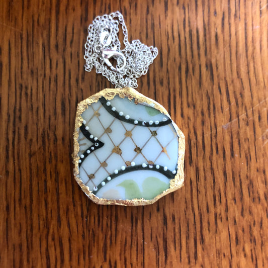 Broken Pottery Artisan Made Pendant Hand Painted Japan Unbranded Plate Handcrafted Necklace 1.5in x 1.5in