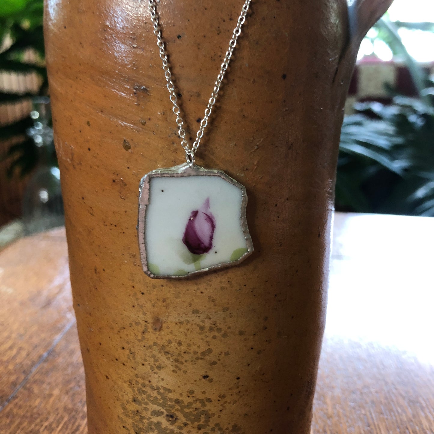 Broken Pottery Artisan Made Pendant Hand Painted Japan Unbranded Plate Handcrafted Necklace 1 1/8in x 1 1/8in