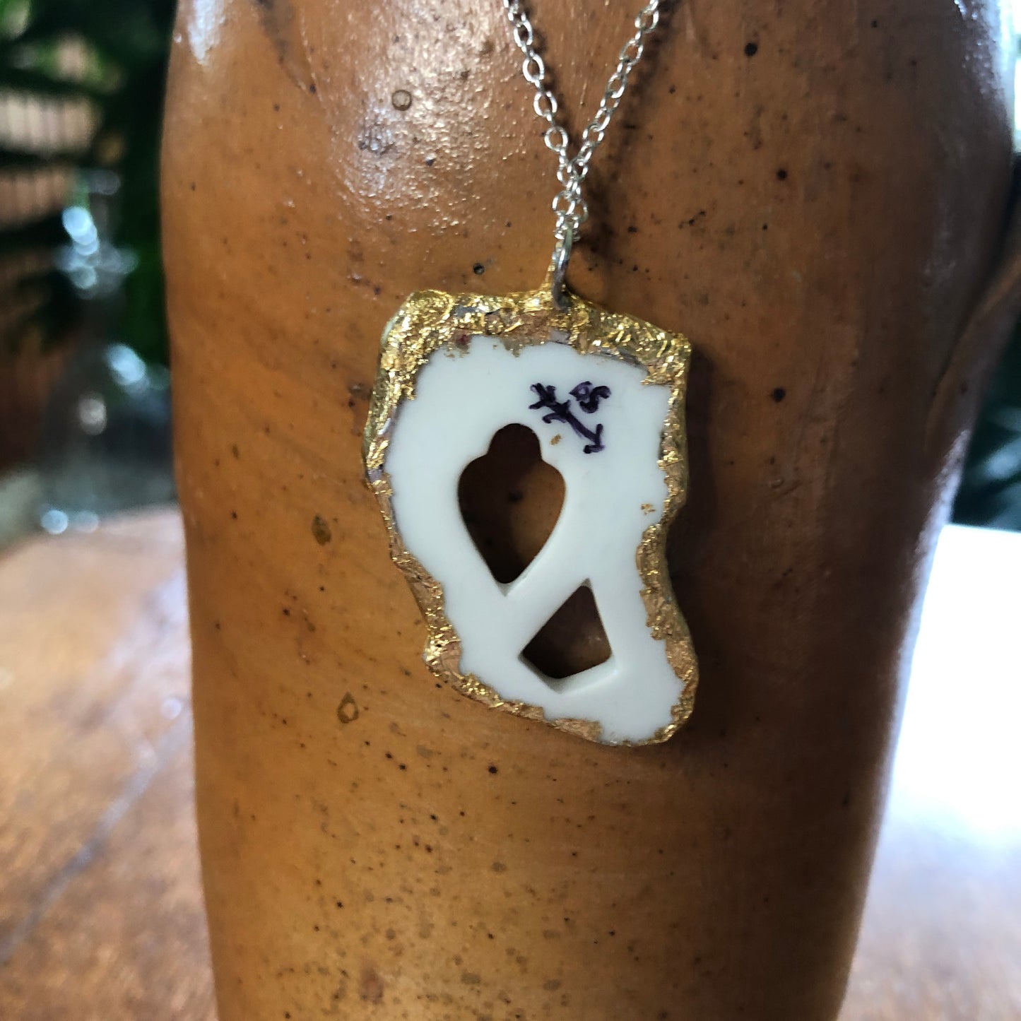 Broken Pottery Artisan Made Pendant Unbranded Reticulated Plate Handcrafted Necklace 1in x 1.5in