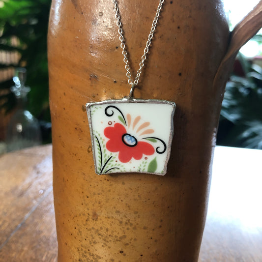 Broken Pottery Artisan Made Pendant Rosemaling Unbranded Plate Handcrafted Necklace 1 3/8in x 1 1/8in