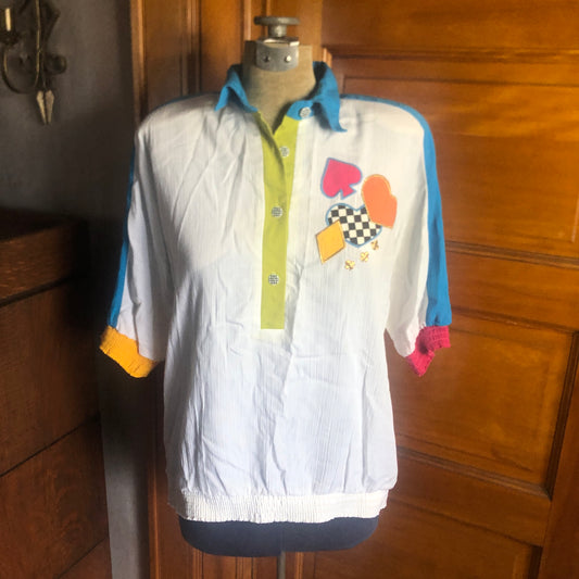 Jordana Playing Card Pullover Made In USA Size Large 80's Vintage Shoulder Pads