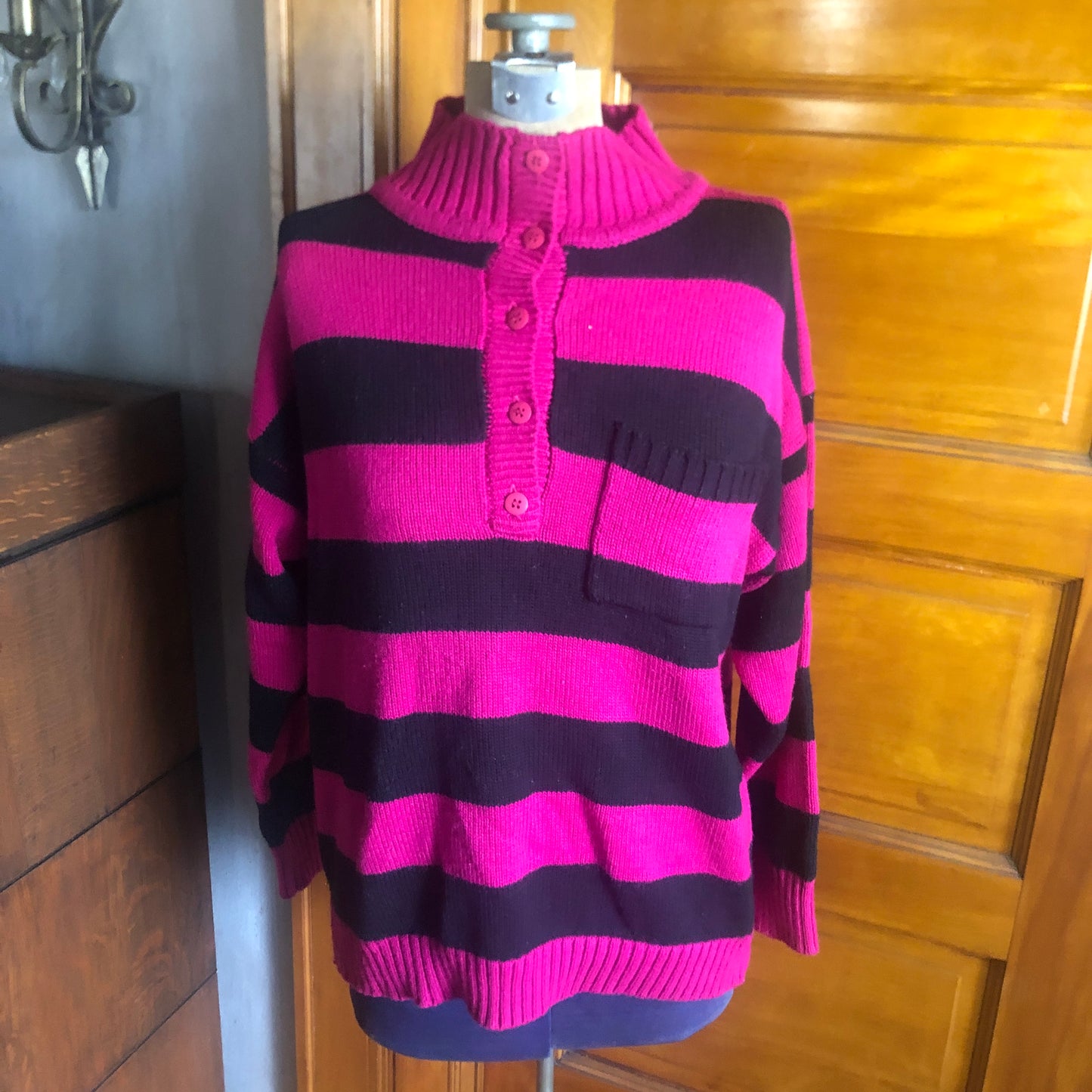 LA Blues Pink And Black Striped Pullover Sweater 1980's Vintage Size L
