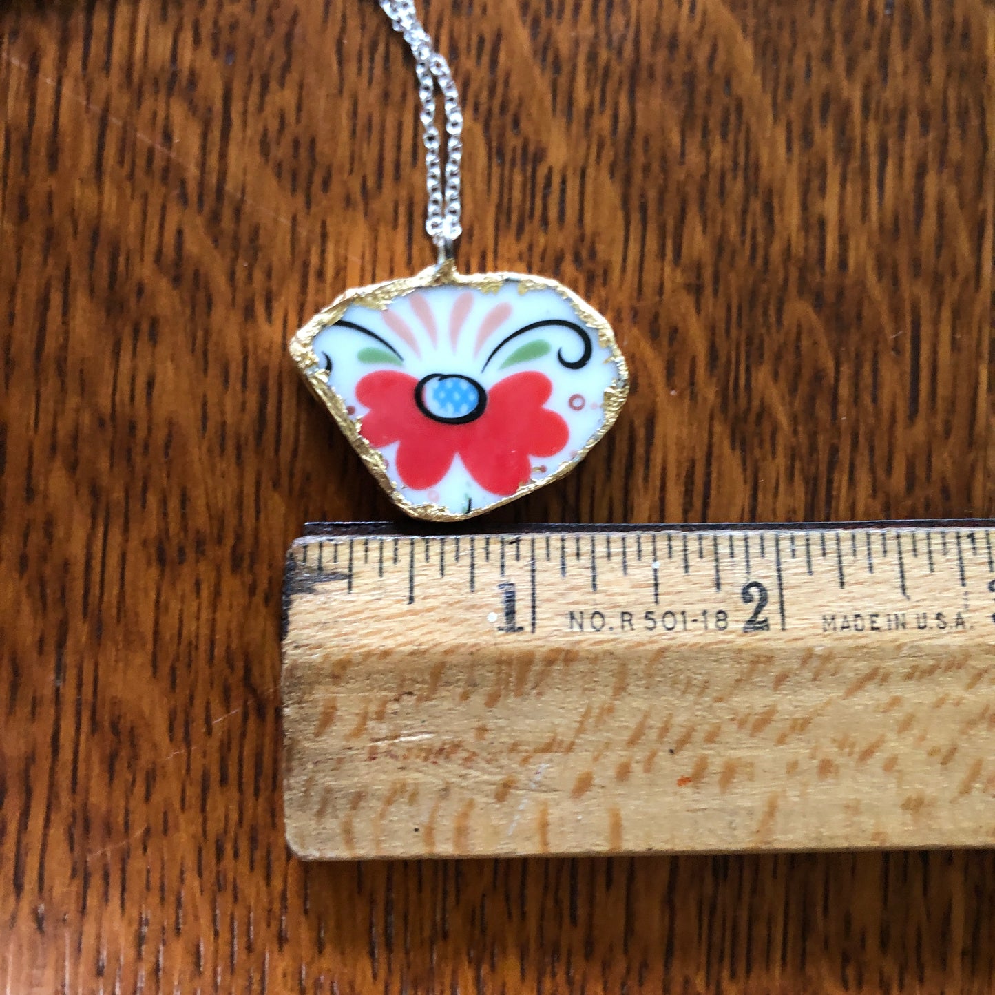 Broken Pottery Artisan Made Pendant Rosemaling Unbranded Plate Handcrafted Necklace 1 3/8in x 1in