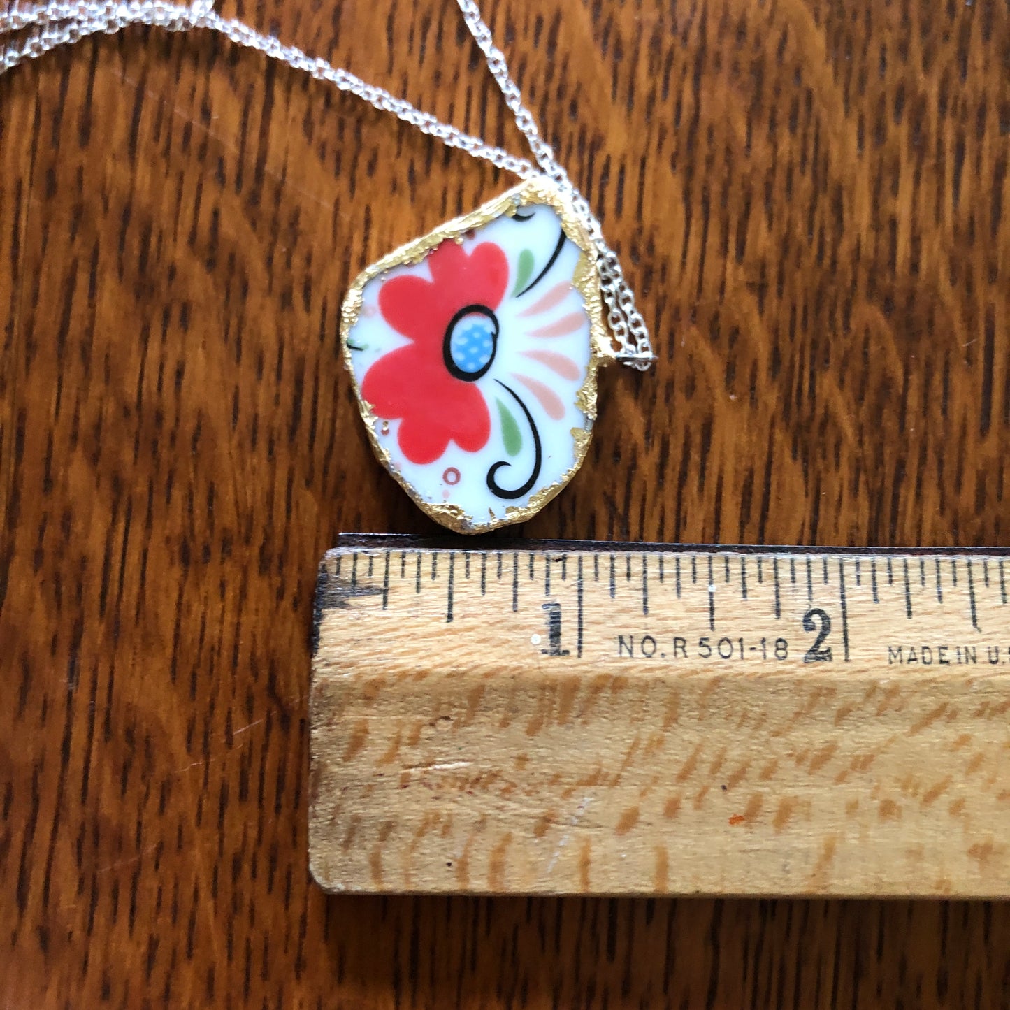 Broken Pottery Artisan Made Pendant Rosemaling Unbranded Plate Handcrafted Necklace 1 3/8in x 1in