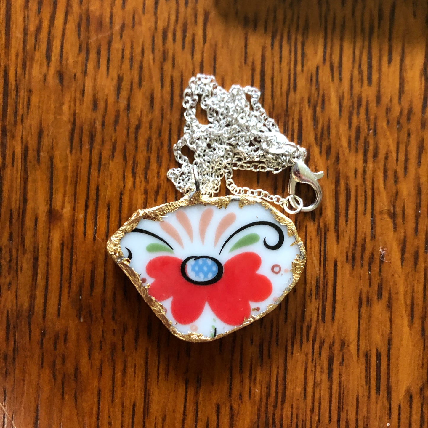 Broken Pottery Artisan Made Pendant Rosemaling Unbranded Plate Handcrafted Necklace 1 3/8in x 1in