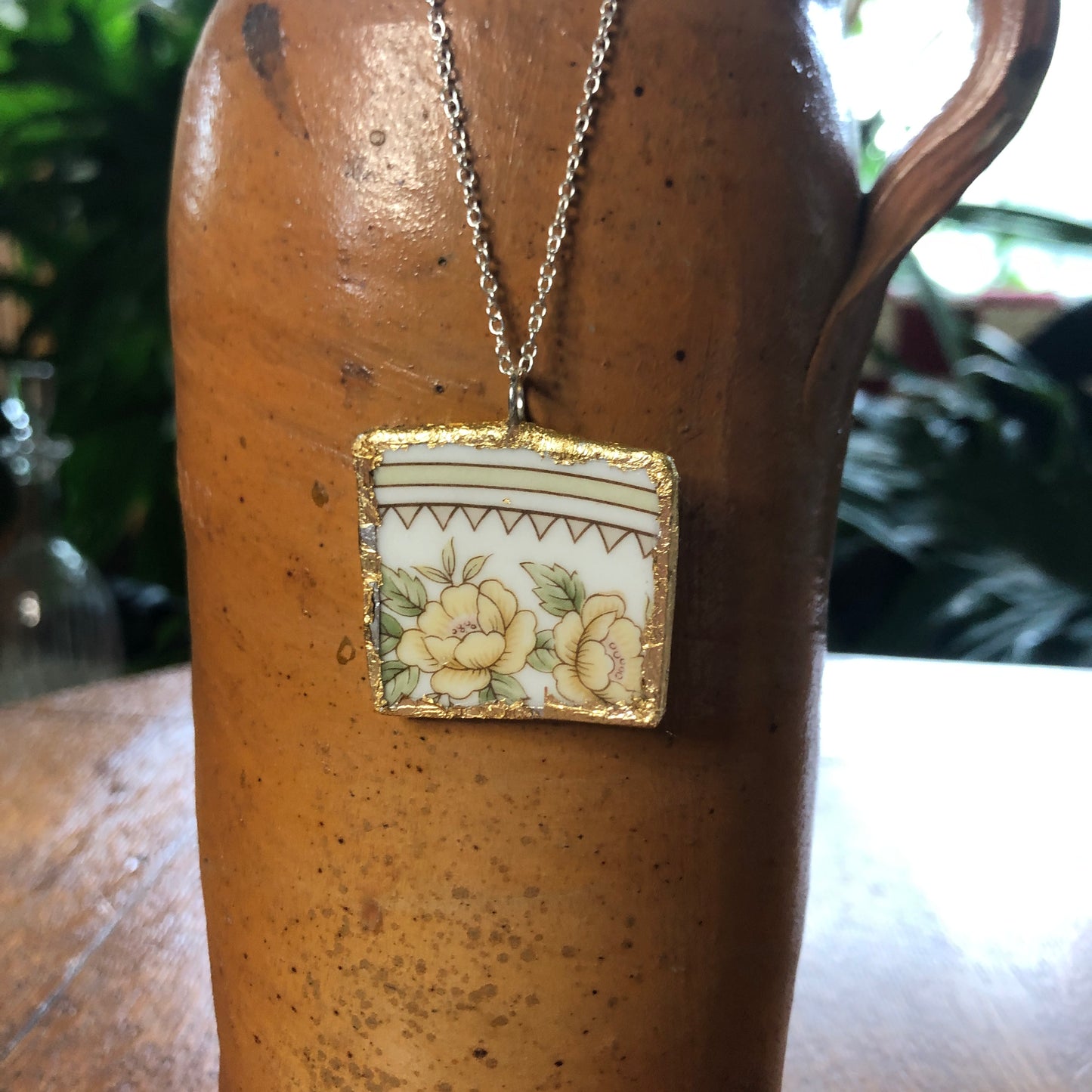 Broken Pottery Artisan Made Pendant Style House Rose Garden Made In Japan Plate Handcrafted Necklace 1.25in x 1.25in