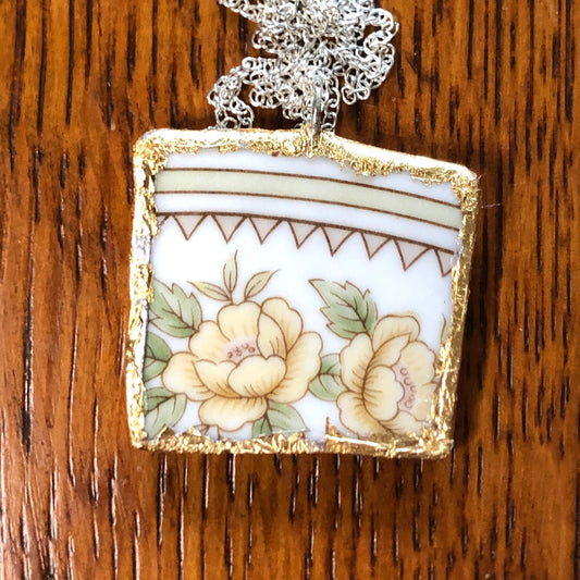 Broken Pottery Artisan Made Pendant Style House Rose Garden Made In Japan Plate Handcrafted Necklace 1.25in x 1.25in