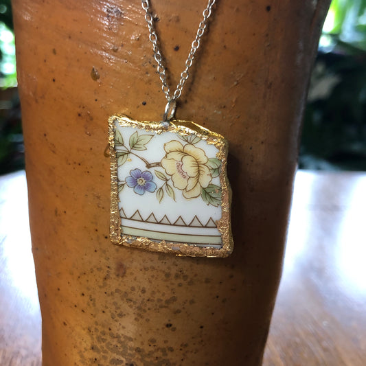 Broken Pottery Artisan Made Pendant Style House Rose Garden Made In Japan Plate Handcrafted Necklace 1.25in x 1.25in
