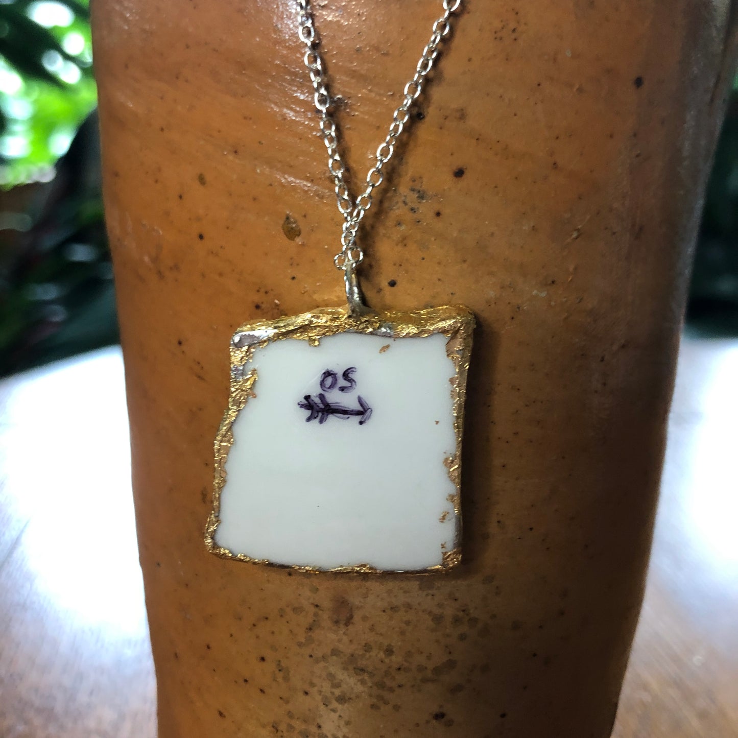 Broken Pottery Artisan Made Pendant Style House Rose Garden Made In Japan Plate Handcrafted Necklace 1.25in x 1.25in