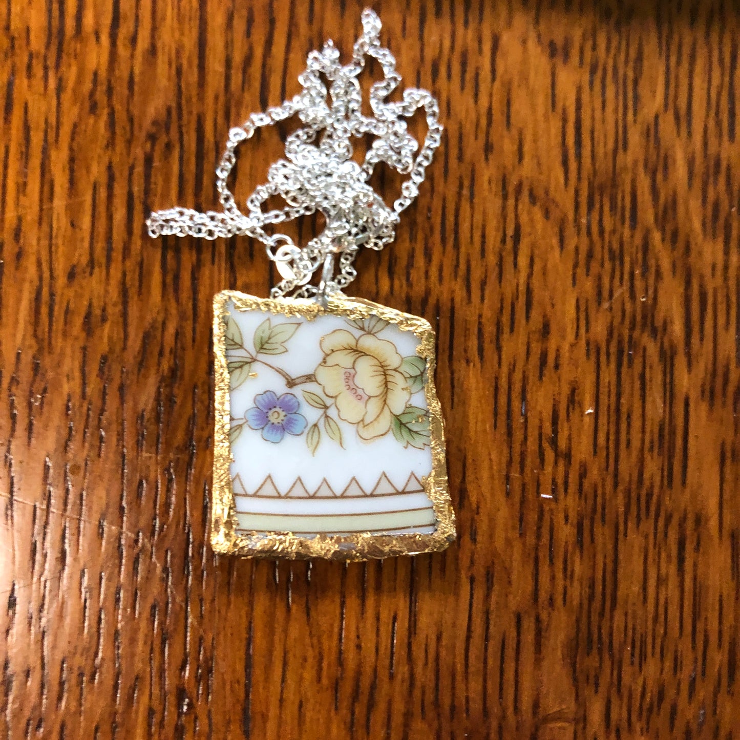 Broken Pottery Artisan Made Pendant Style House Rose Garden Made In Japan Plate Handcrafted Necklace 1.25in x 1.25in