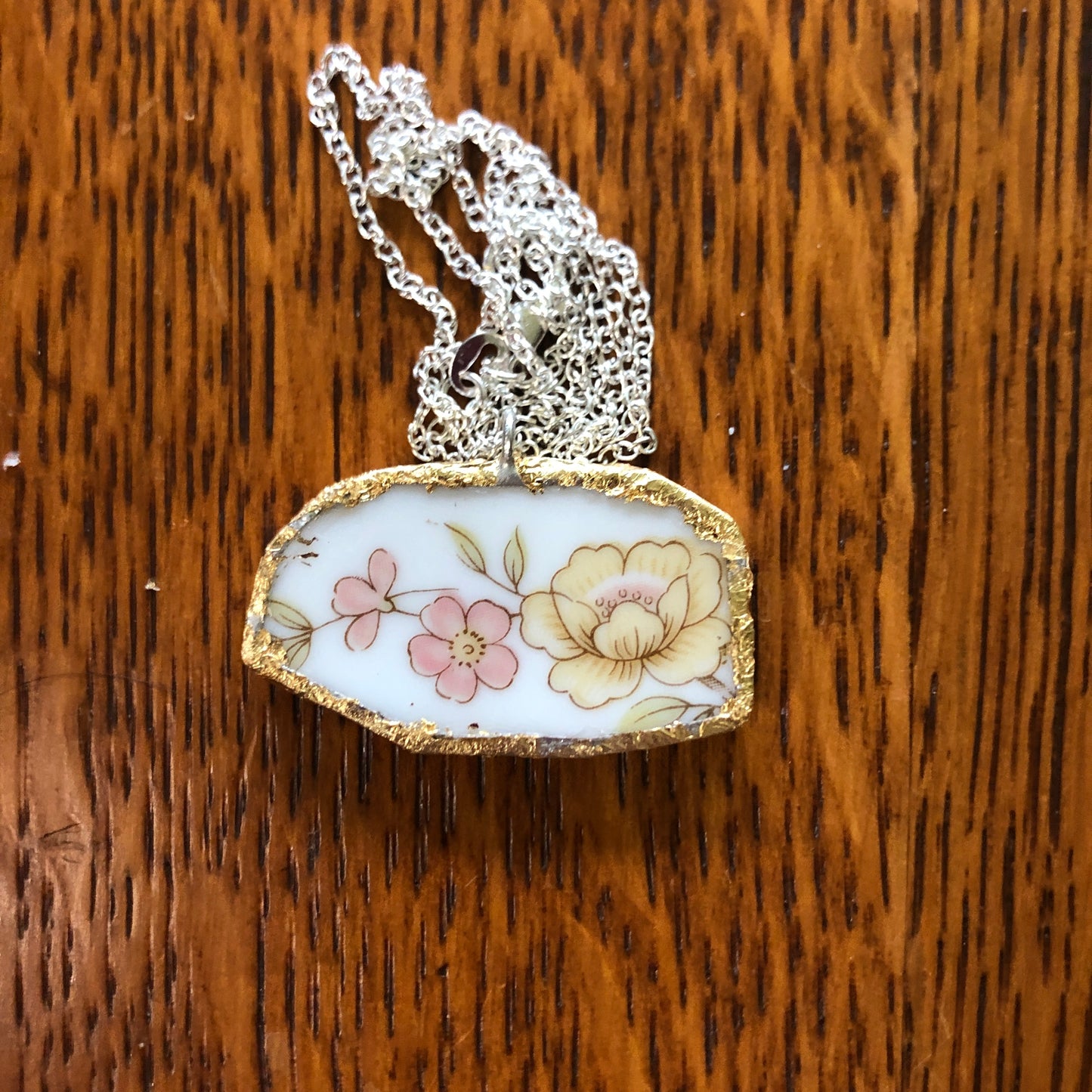 Broken Pottery Artisan Made Pendant Style House Rose Garden Made In Japan Plate Handcrafted Necklace 1.5in x 13/16in