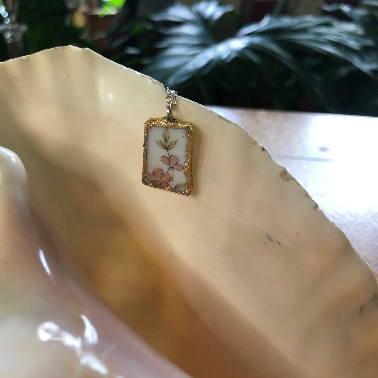 Broken Pottery Artisan Made Pendant Style House Rose Garden Made In Japan Plate Handcrafted Necklace 1in x 7/8in