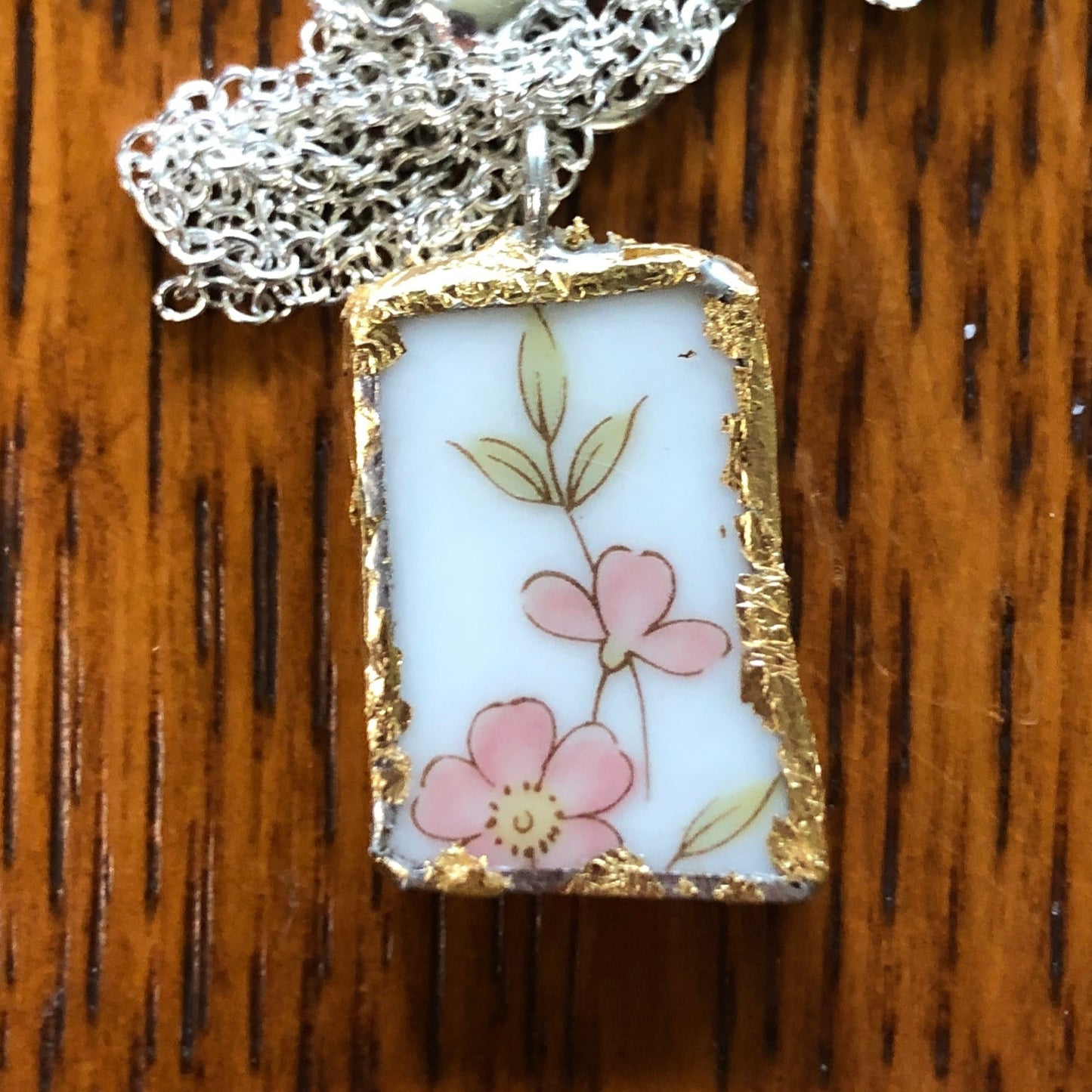 Broken Pottery Artisan Made Pendant Style House Rose Garden Made In Japan Plate Handcrafted Necklace 1in x 7/8in