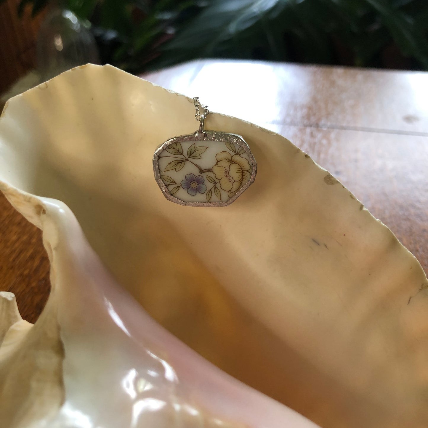 Broken Pottery Artisan Made Pendant Style House Rose Garden Made In Japan Plate Handcrafted Necklace 1 1/8in x 7/8in