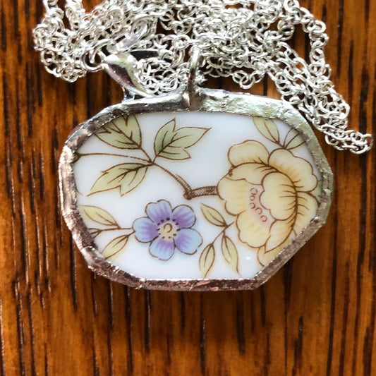 Broken Pottery Artisan Made Pendant Style House Rose Garden Made In Japan Plate Handcrafted Necklace 1 1/8in x 7/8in