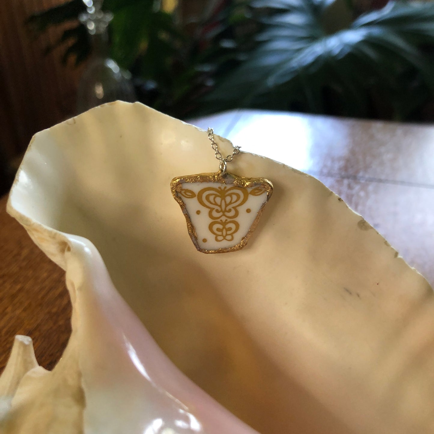 Broken Plate Artisan Made Pendant Corelle Butterfly Gold Plate Handcrafted Necklace 1 1/8in x 1in