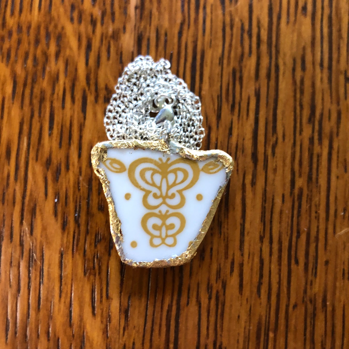 Broken Plate Artisan Made Pendant Corelle Butterfly Gold Plate Handcrafted Necklace 1 1/8in x 1in