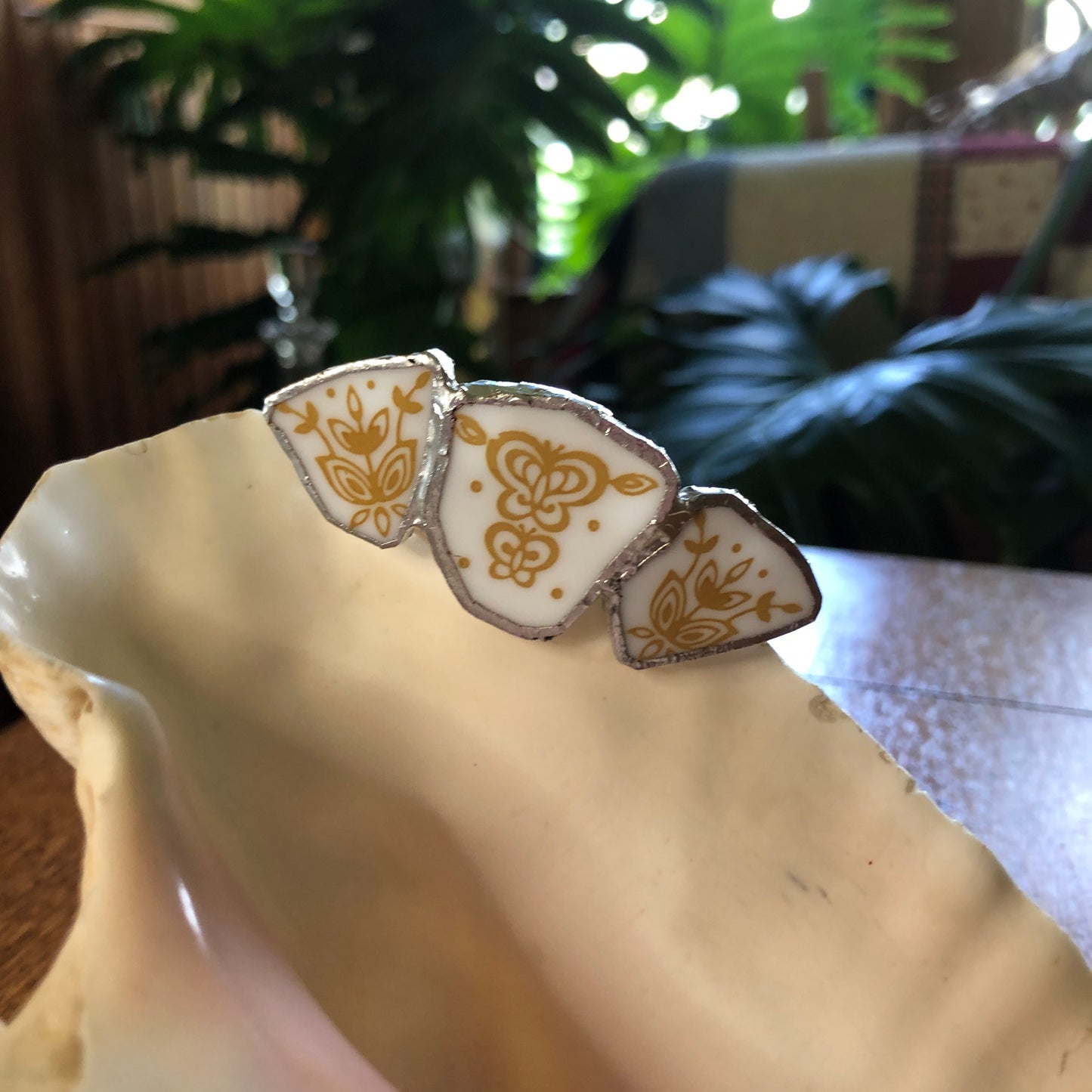 Broken Plate Artisan Made Barrette Corelle Butterfly Gold Plate Handcrafted Hair Clip 2.75in x 1 1/8in