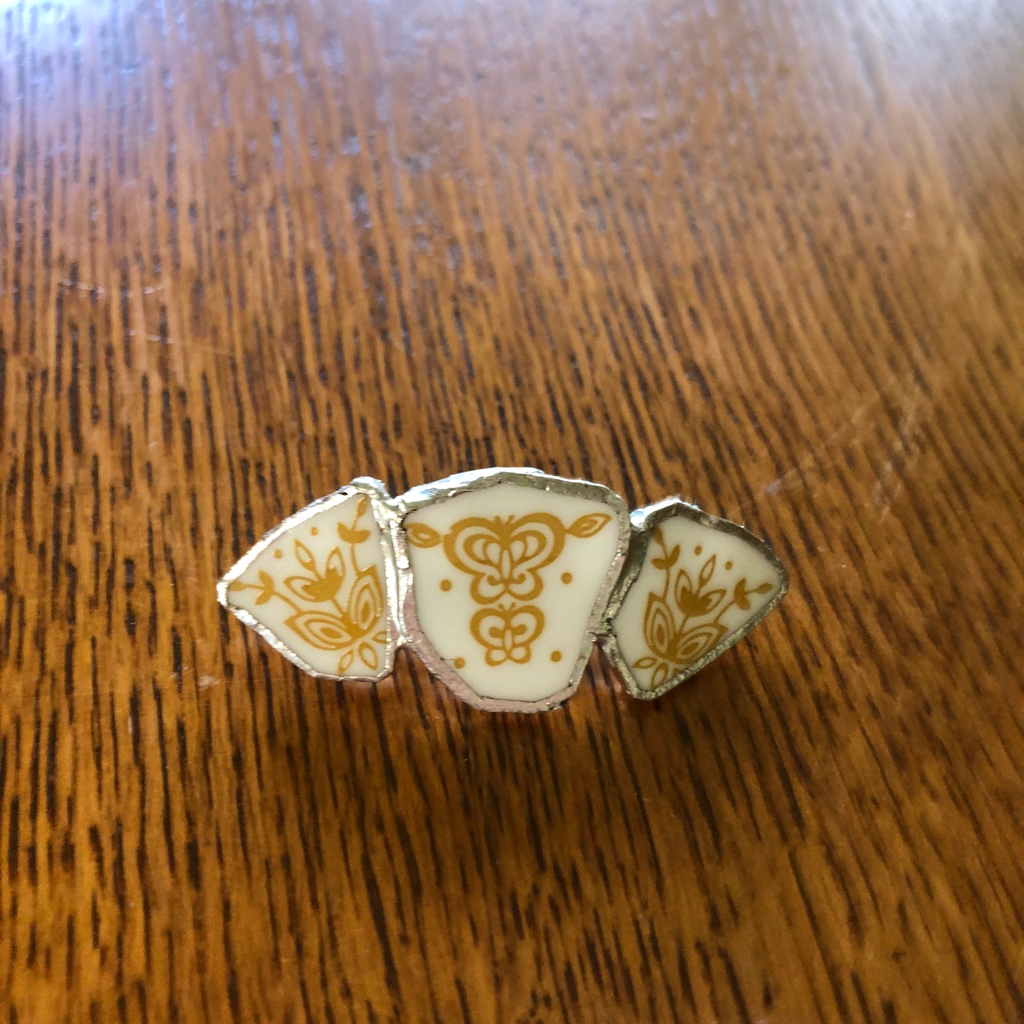Broken Plate Artisan Made Barrette Corelle Butterfly Gold Plate Handcrafted Hair Clip 2.75in x 1 1/8in
