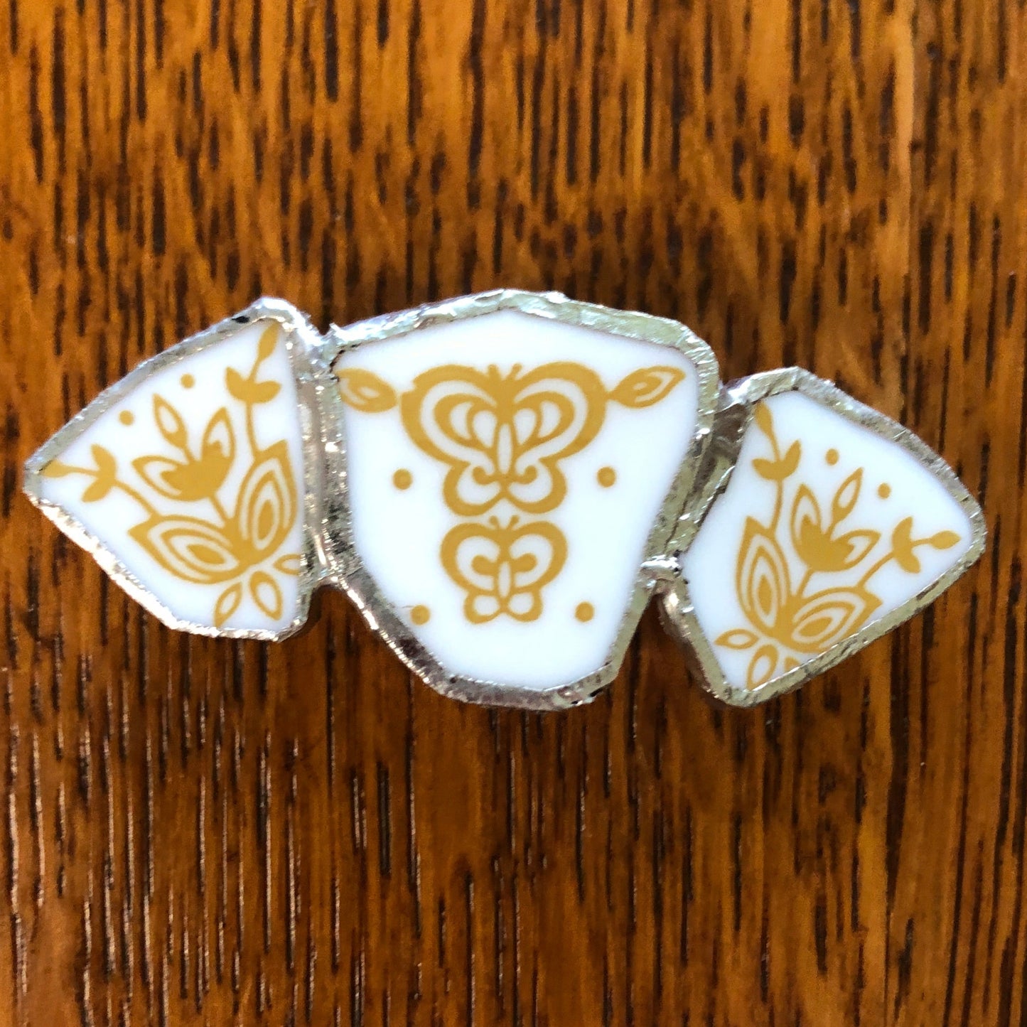 Broken Plate Artisan Made Barrette Corelle Butterfly Gold Plate Handcrafted Hair Clip 2.75in x 1 1/8in