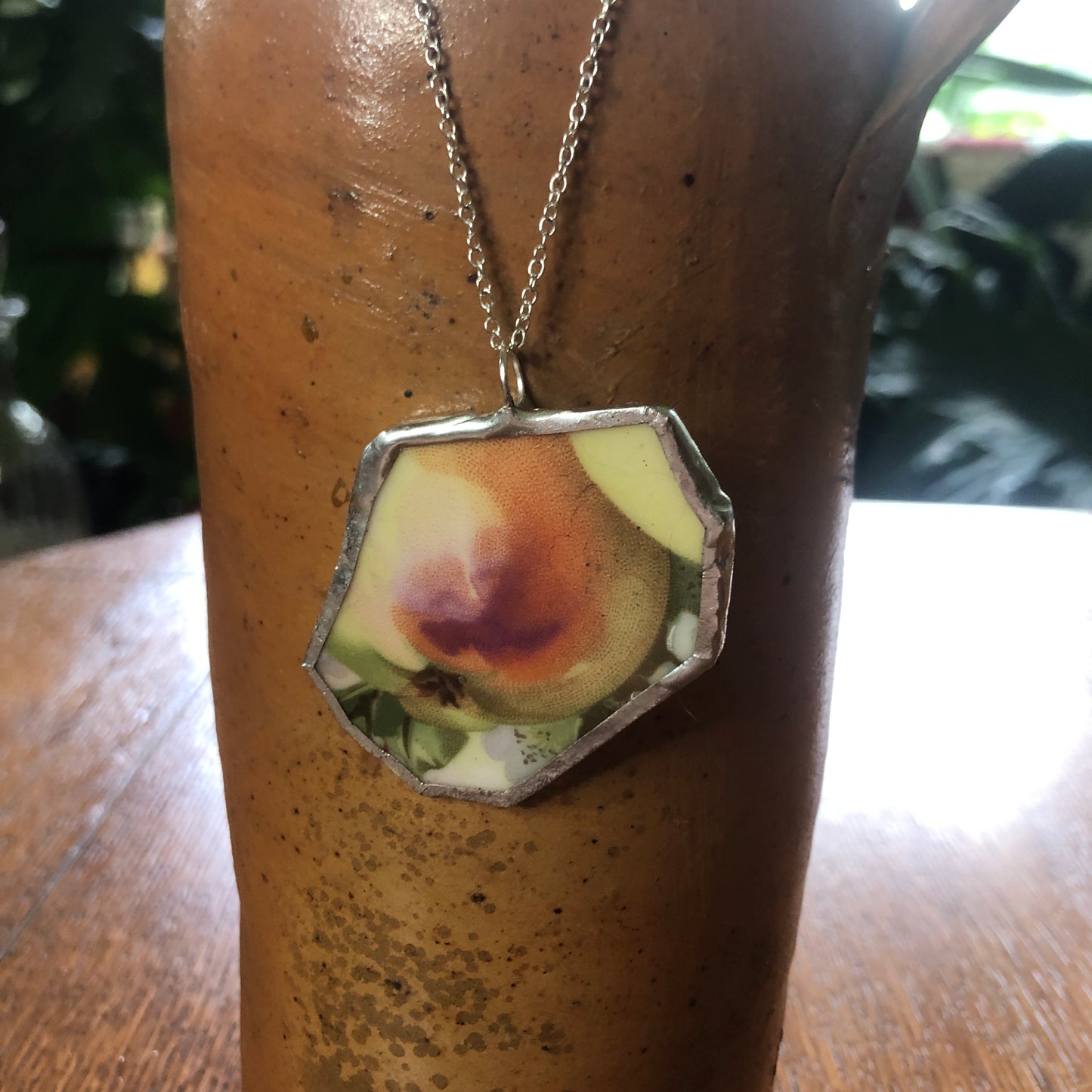 Broken Pottery Artisan Made Apple Pendant Three Crown China Plate Handcrafted Necklace 2in x 1.75in