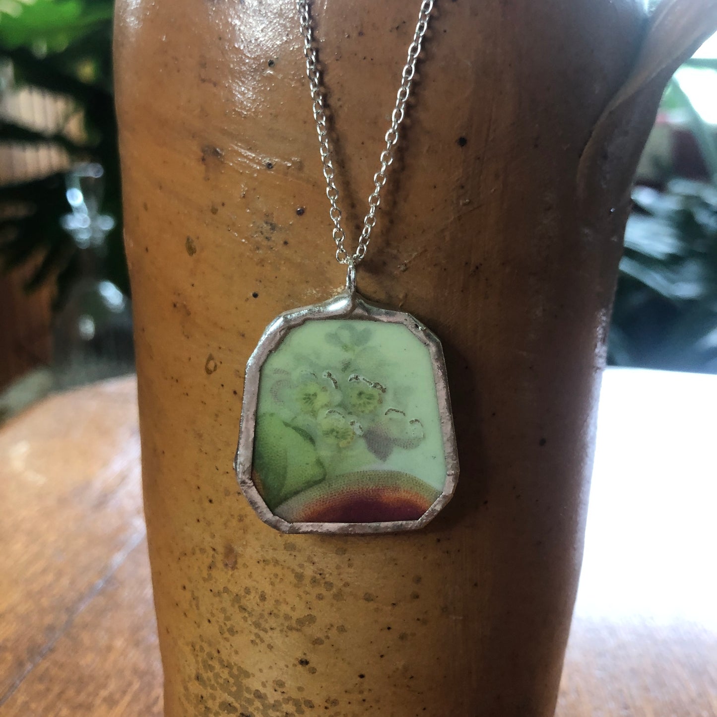 Broken Pottery Artisan Made Apple And Blossom Pendent Eagle China Austria Plate Handcrafted Necklace 1.25in x 1 3/8in