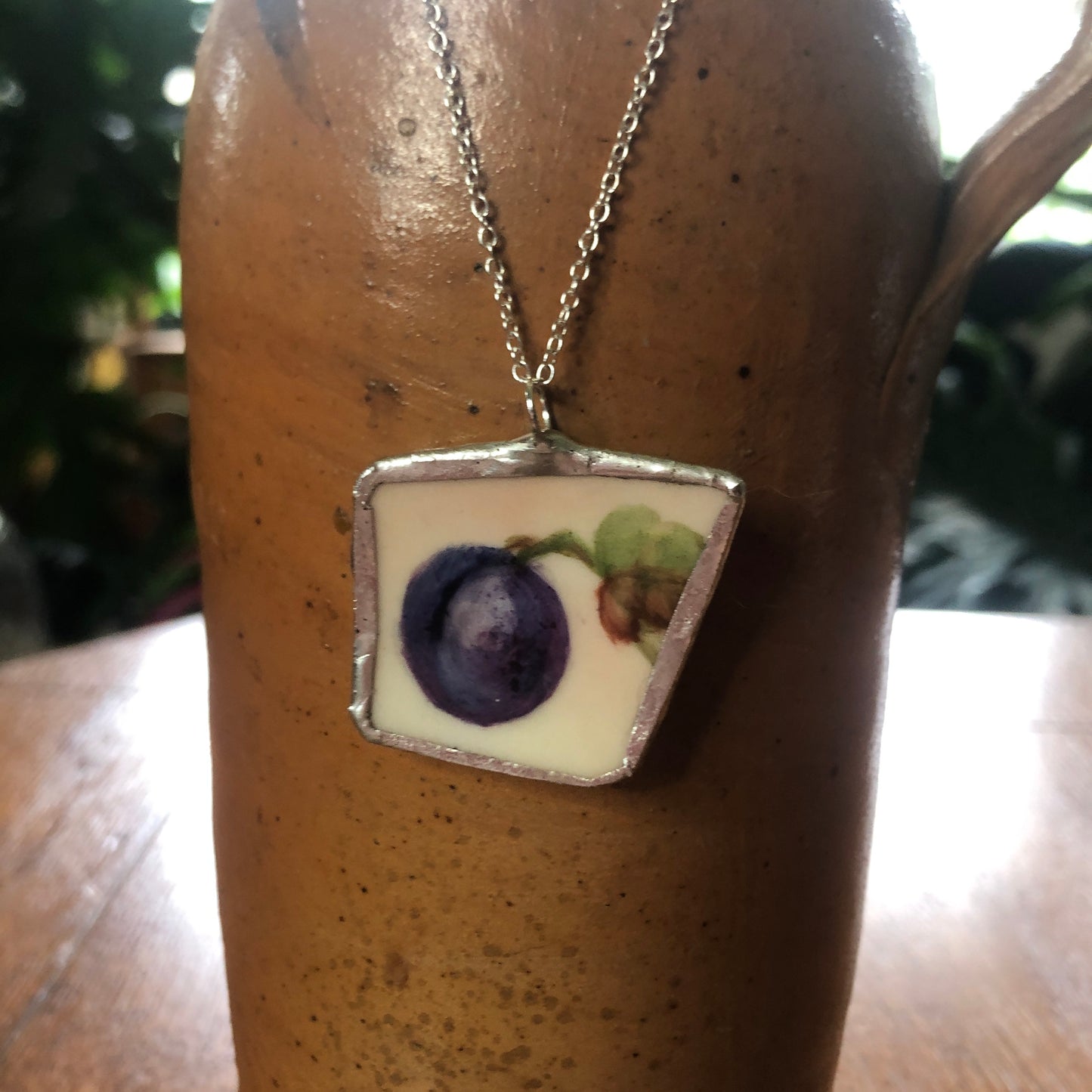 Broken Pottery Artisan Made Plum Pendent J & C Bavaria Plate Handcrafted Necklace 1 3/8in x 1.25in