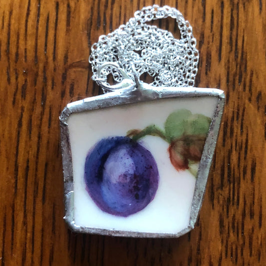 Broken Pottery Artisan Made Plum Pendant J & C Bavaria Plate Handcrafted Necklace 1 3/8in x 1.25in