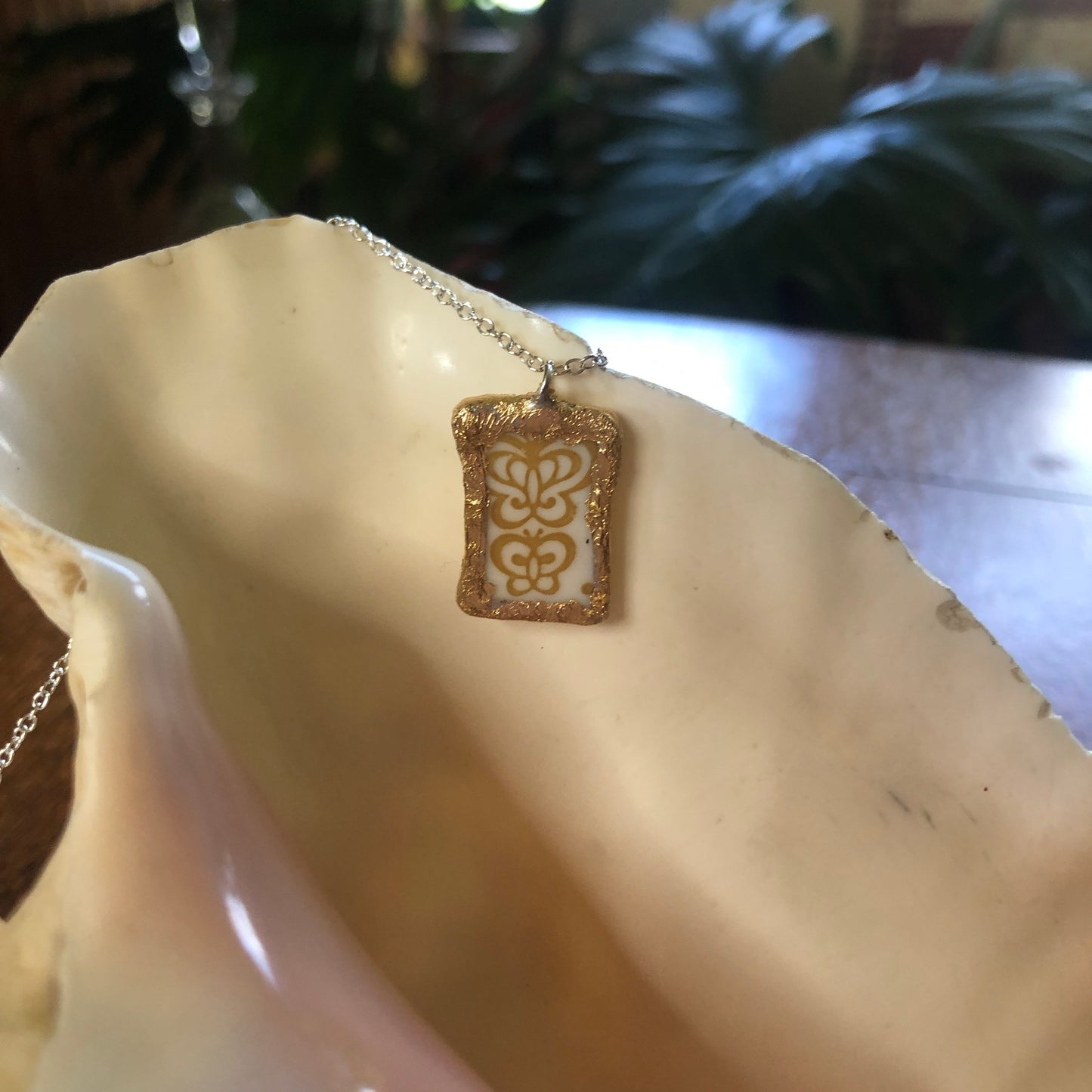 Broken Plate Artisan Made Pendant Corelle Butterfly Gold Plate Handcrafted Necklace 5/8in x 1in