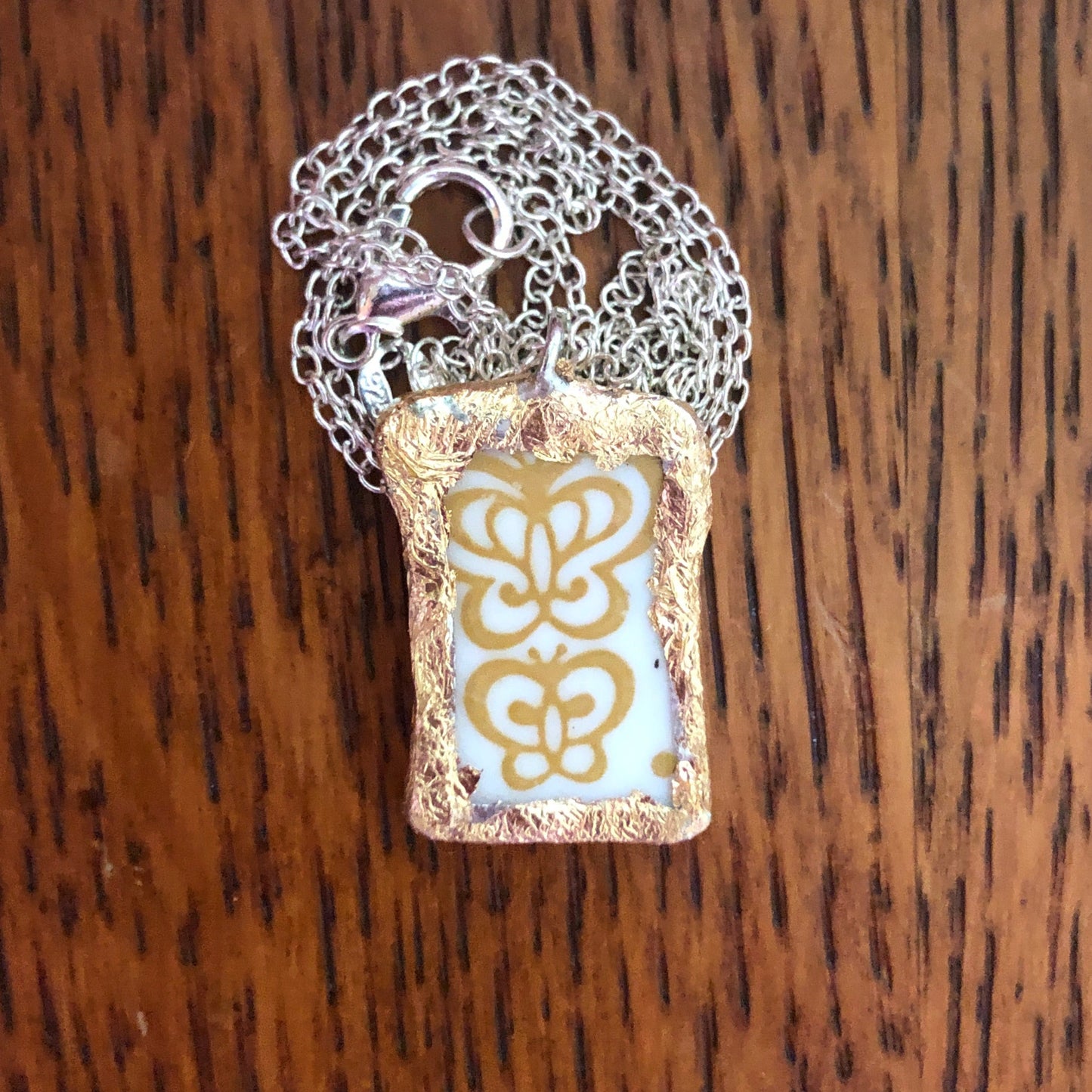 Broken Plate Artisan Made Pendant Corelle Butterfly Gold Plate Handcrafted Necklace 5/8in x 1in